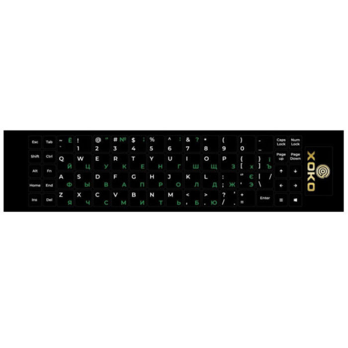 Наклейка на клавіатуру XoKo 68 keys UA/rus green, Latin white (XK-KB-STCK-MD)