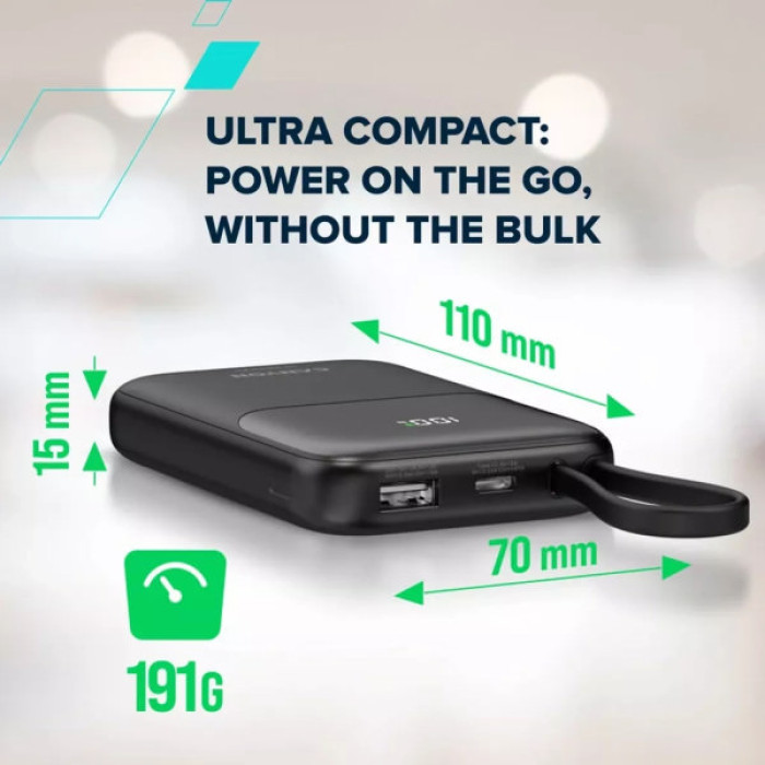 Батарея універсальна Canyon 10000mAh OnPower 101 PD/22.5W built-in cable Black (CNS-CPB101BK)