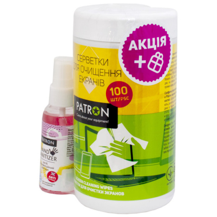 Універсальний чистячий набір Patron Screen wipes 100pcs F3-027 + Hand sanitizer 50ml (CS-PN-F3-050)