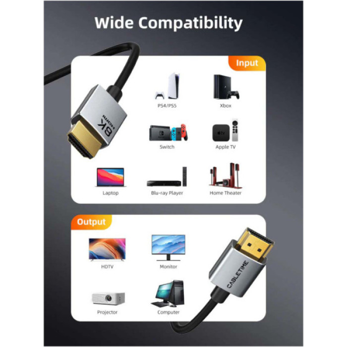 Кабель мультимедійний HDMI M to HDMI M 2.0m V2.1 8K60Hz Cabletime (CA915910)