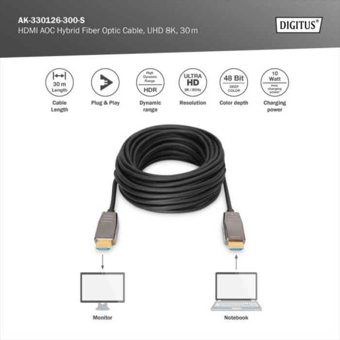 Кабель мультимедійний HDMI M to HDMI M 30m 8K AOC hybrid-fiber black Digitus (AK-330126-300-S)