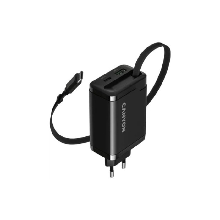 Зарядний пристрій Canyon 1xUSB-C PD65W + 1xUSB QC3.0 + cable USB-C to USB-C black (CNS-CURC65ACB)