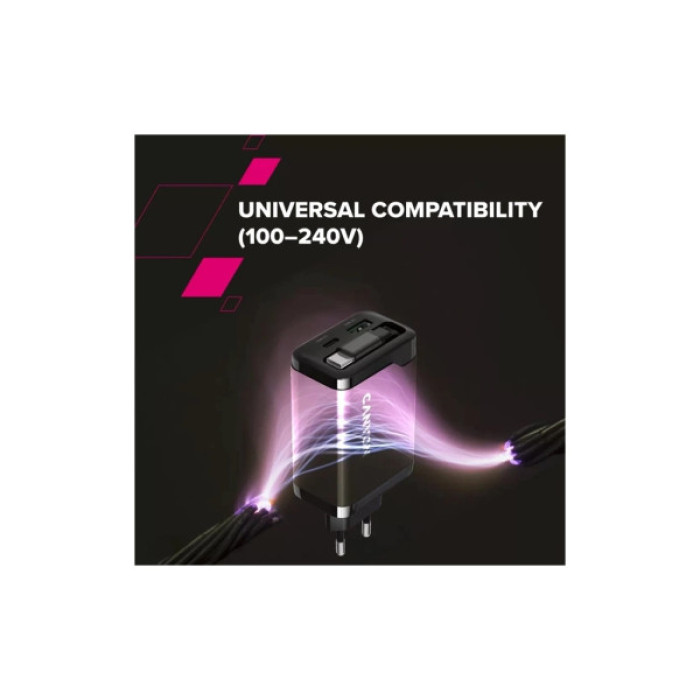 Зарядний пристрій Canyon 1xUSB-C PD65W + 1xUSB QC3.0 + cable USB-C to USB-C black (CNS-CURC65ACB)