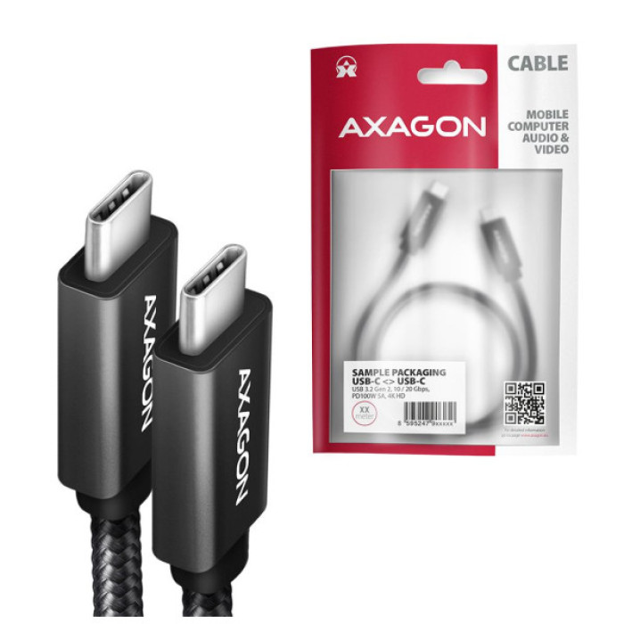 Дата кабель USB-C to USB-C 2.0m USB 3.2 Gen 2 PD 100W 5A 4K black AXAGON (BUCM32-CM20AB)