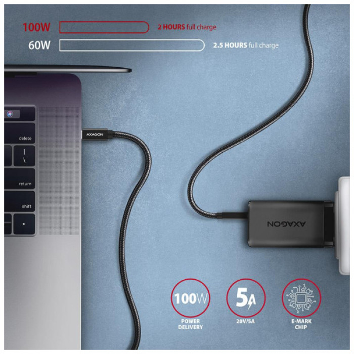 Дата кабель USB-C to USB-C 2.0m USB 3.2 Gen 2 PD 100W 5A 4K black AXAGON (BUCM32-CM20AB)