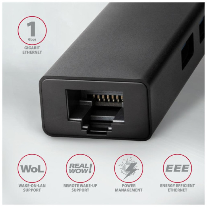 Концентратор AXAGON USB-C to 3xUSB-A + RJ45 0.2m metal black (HMC-GL3A)
