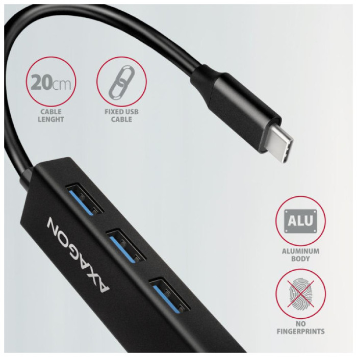 Концентратор AXAGON USB-C to 3xUSB-A + RJ45 0.2m metal black (HMC-GL3A)