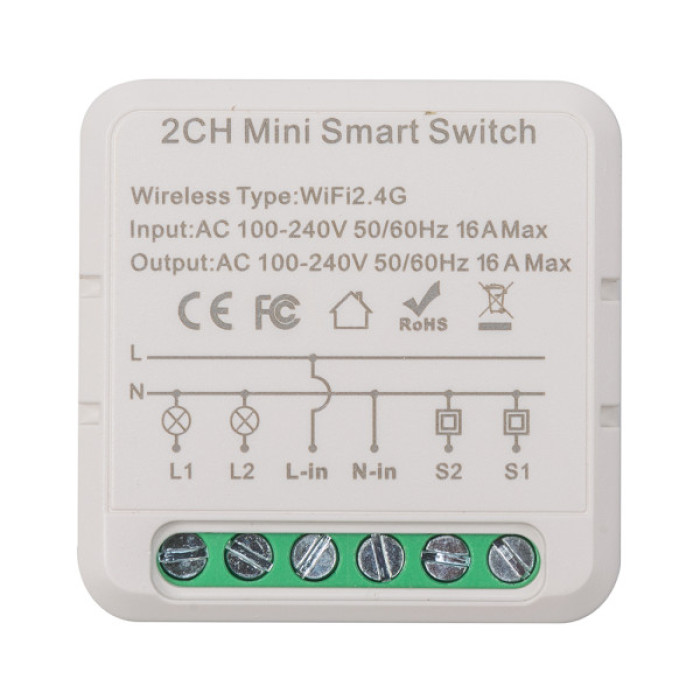 Розумне реле TUYA Wifi 16A 2-канальный (HS084028)