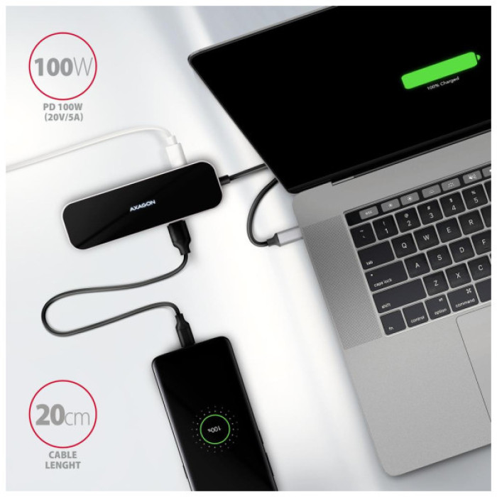 Концентратор AXAGON USB-C 6-in-1 to 4xUSB-A 5Gbps + 1xUSB-C PD100W + HDMI 4K30Hz 0.2m aluminum (HMC-6H4A)