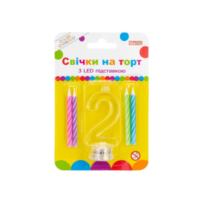Свічка Maxi 4 шт. на торт з LED підставкою "2", що світиться (MX701007-2)
