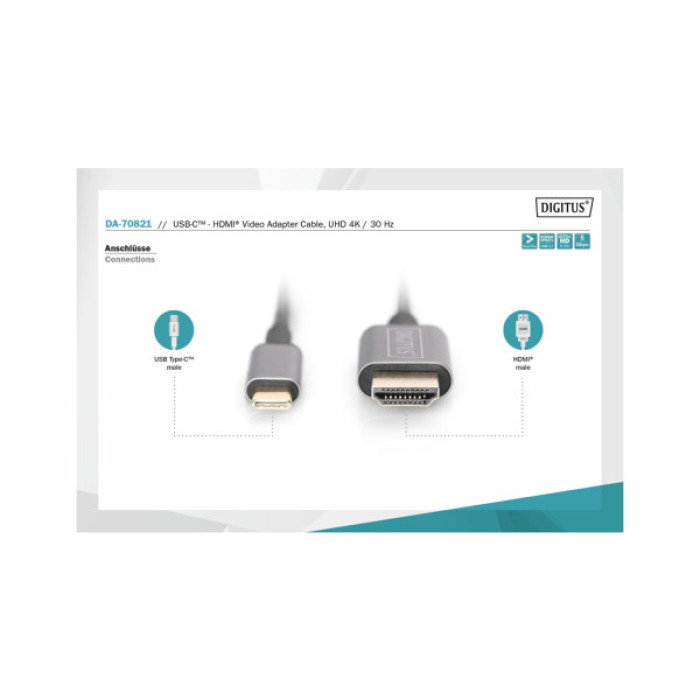 Кабель мультимедійний USB-C to HDMI M 1.8m UHD 4K Digitus (DA-70821)