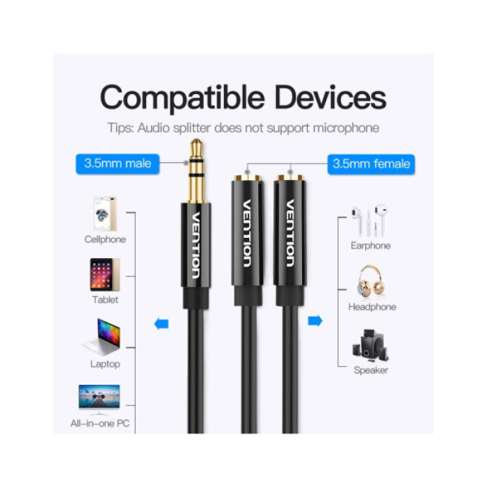 Кабель мультимедійний 3.5mm M to 2x3.5mm F 0.3m Vention (BBSBY)