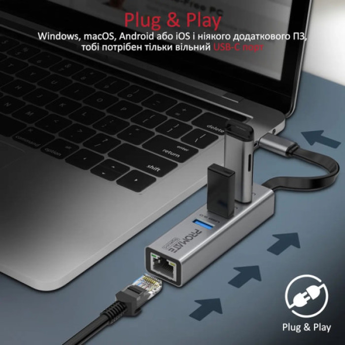 Концентратор Promate USB Hub 4 ports gigahub-c.grey (gigahub-c.grey)