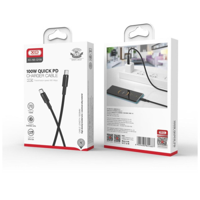 Дата кабель USB-C to USB-C 1.0m 100W braided black XO (NBQ199_С_Black)