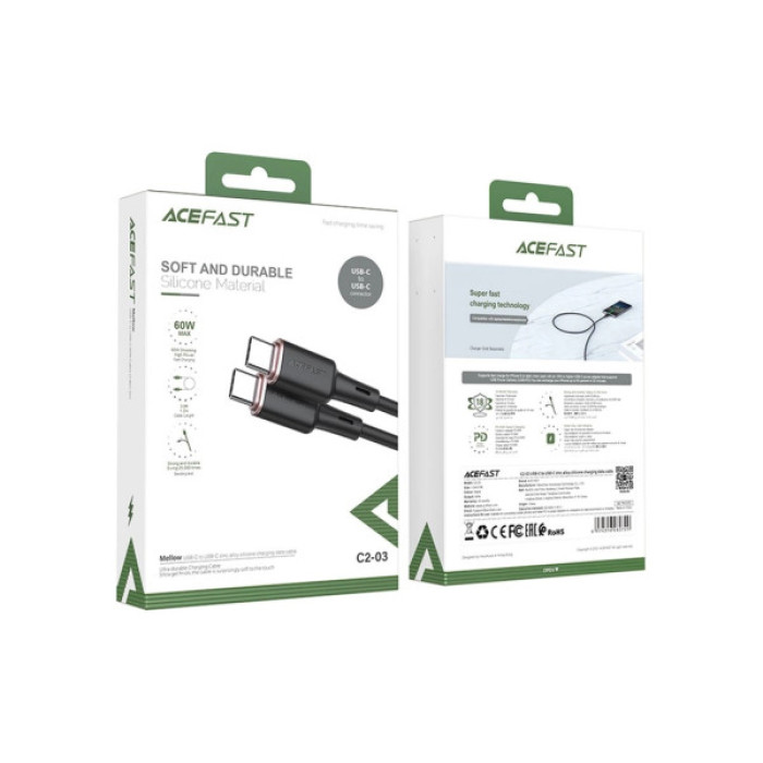 Дата кабель USB-C to USB-C 1.2m 3A 60W silicone C2-03 black Acefast (6974316280729)