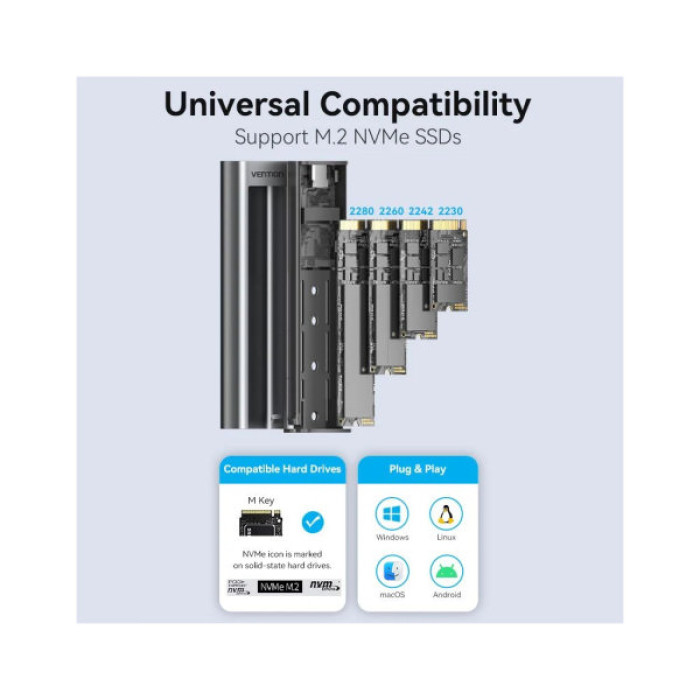 Кишеня зовнішня Vention SSD M.2 (NVME) M-key USB Type-C 3.2 10Gbps Heat Sink Aluminum (KPKH0)
